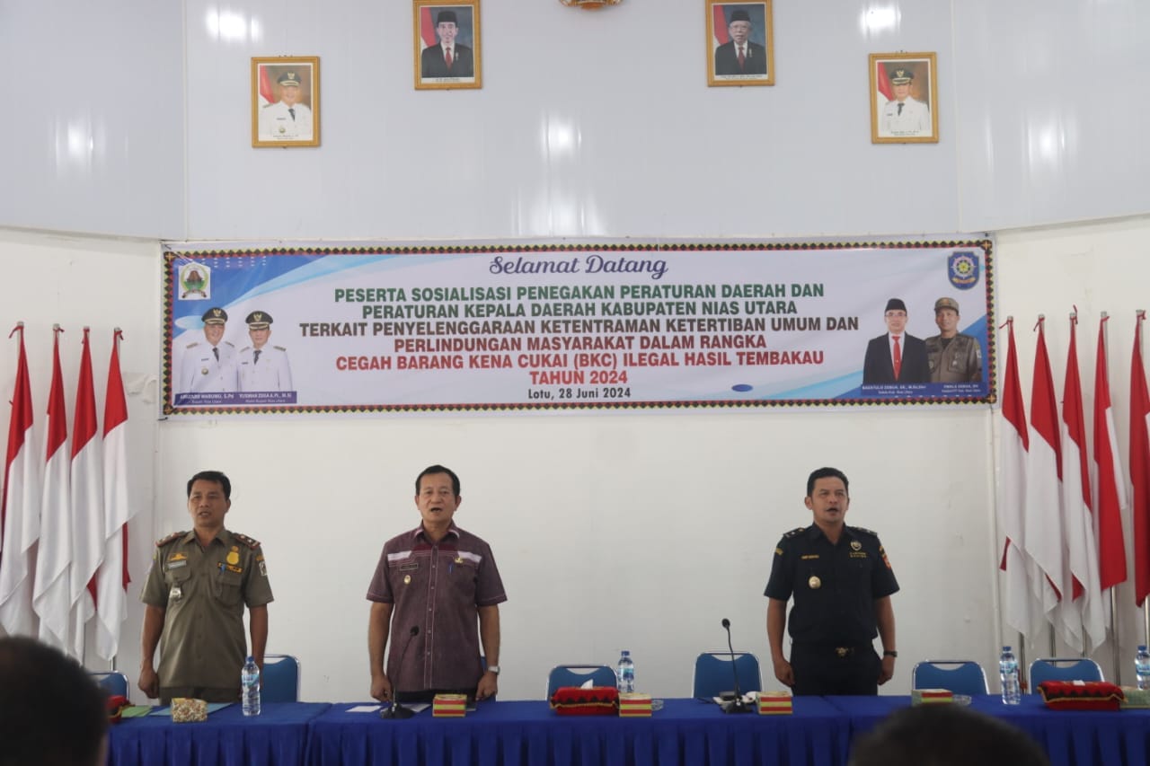 SOSIALISASI PENEGAKAN PERATURAN DAERAH DAN PERATURAN KEPALA DAERAH KABUPATEN NIAS UTARA TERKAIT PENYELENGGARAAN KETENTRAMAN KETERTIBAN UMUM DAN PERLINDUNGAN MASYARAKAT DALAM RANGKA CEGAH BARANG KENA CUKAI (BKC) ILEGAL HASIL TEMBAKAU TAHUN 2024